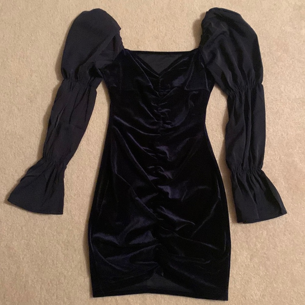 SHEIN Navy Ruched Body-con Puffed Sleeve Dress